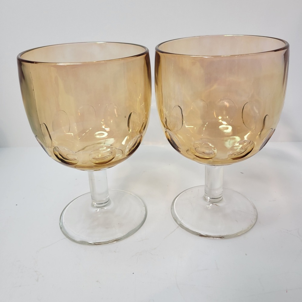 Set of‎ 2 Iridescent Amber Wine Glasses with Dot Design Stemware